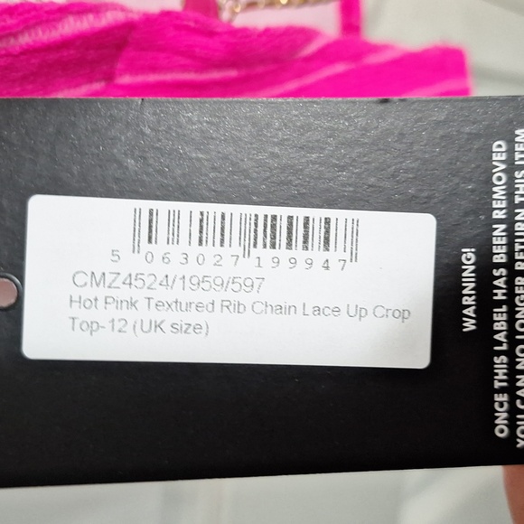 PrettyLittleThings Hot Pink Textured Rib Chain Lace Up Crop Tank Top - size 8 - Picture 10 of 15